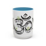 White Lotus M'Om Accent Mug – Om Symbol with Hand-Drawn Lotus Flowers and Custom Abstract Himalayan Pattern Designs