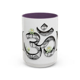 White Lotus M'Om Accent Mug – Om Symbol with Hand-Drawn Lotus Flowers and Custom Abstract Himalayan Pattern Designs