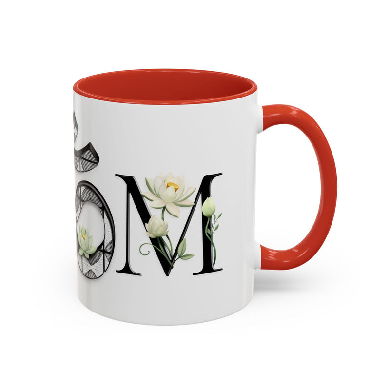 White Lotus M'Om Accent Mug – Om Symbol with Hand-Drawn Lotus Flowers and Custom Abstract Himalayan Pattern Designs