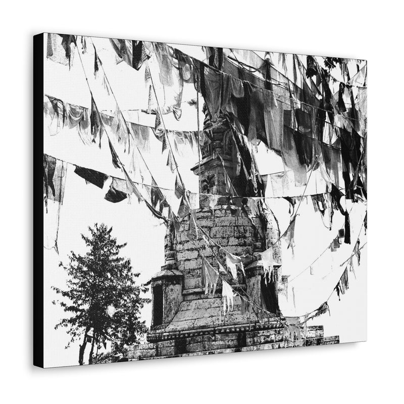 Prayer Flags Flying With Small Stone Temple - Canvas Print