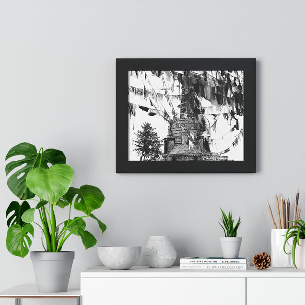 Prayer Flags Flying With Small Stone Temple - Framed Photo Print