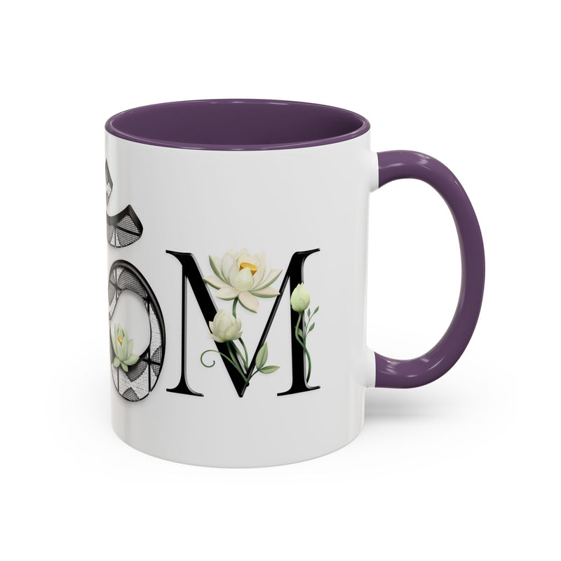 White Lotus M'Om Accent Mug – Om Symbol with Hand-Drawn Lotus Flowers and Custom Abstract Himalayan Pattern Designs