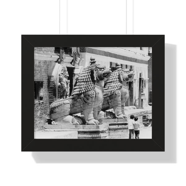 Giant Stone Lion Statues Watching Over Kids -Patan Nepal, Durbar Square - Framed Photo Print