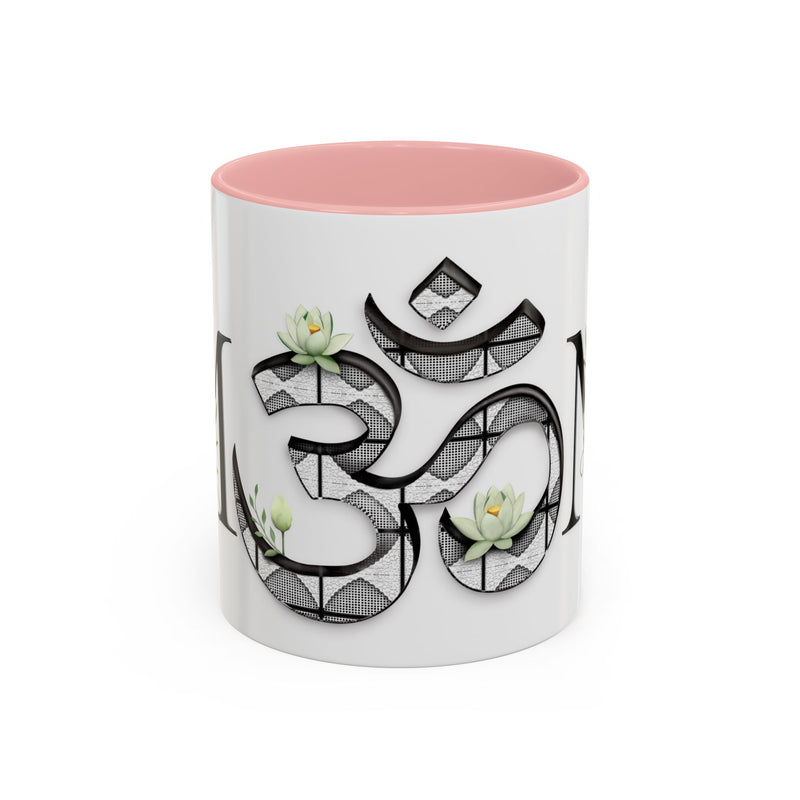White Lotus M'Om Accent Mug – Om Symbol with Hand-Drawn Lotus Flowers and Custom Abstract Himalayan Pattern Designs