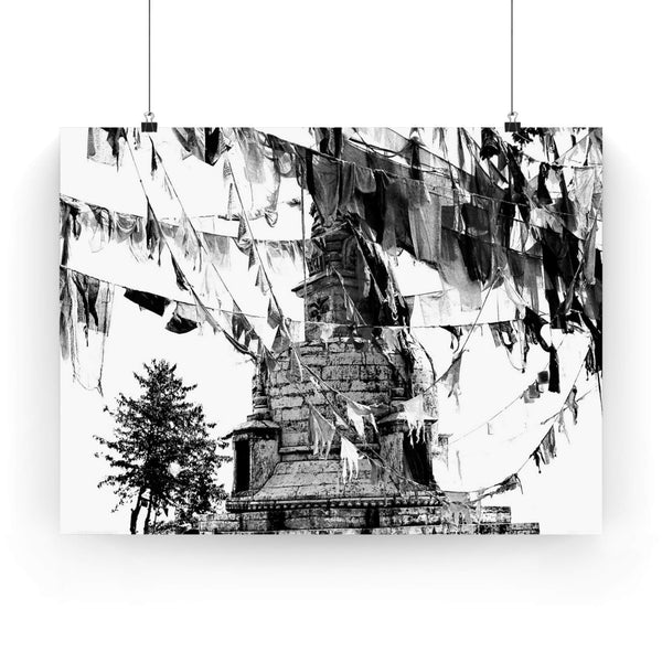 16 - Prayer Flags Flying With Small Stone Temple - Premium Poster Print