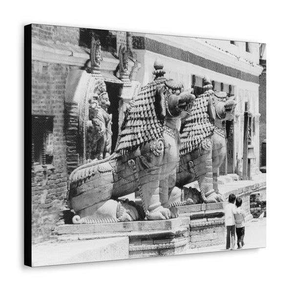 Giant Stone Lion Statues Watching Over Kids -Patan Nepal, Durbar Square - Canvas Print