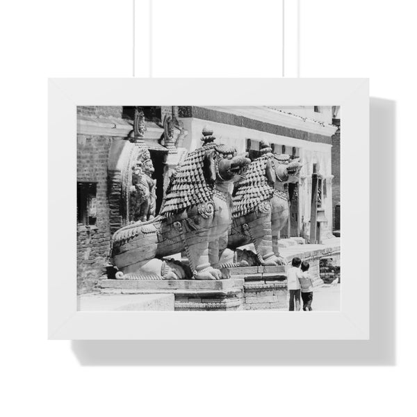 Giant Stone Lion Statues Watching Over Kids -Patan Nepal, Durbar Square - Framed Photo Print