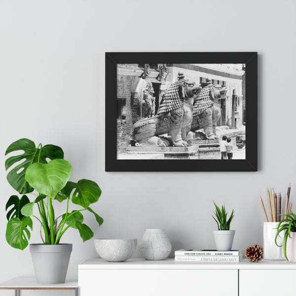 Giant Stone Lion Statues Watching Over Kids -Patan Nepal, Durbar Square - Framed Photo Print