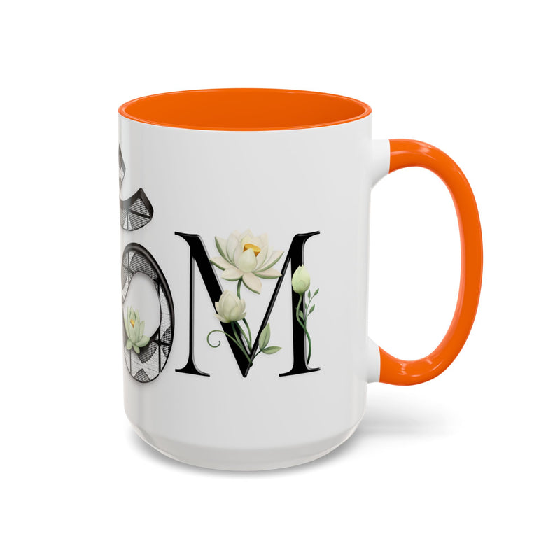 White Lotus M'Om Accent Mug – Om Symbol with Hand-Drawn Lotus Flowers and Custom Abstract Himalayan Pattern Designs