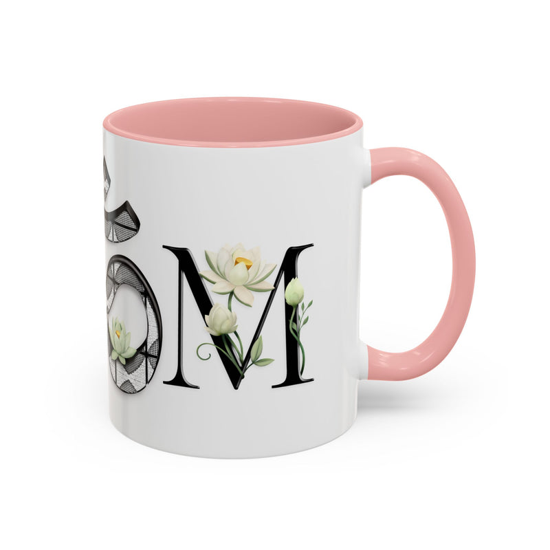 White Lotus M'Om Accent Mug – Om Symbol with Hand-Drawn Lotus Flowers and Custom Abstract Himalayan Pattern Designs