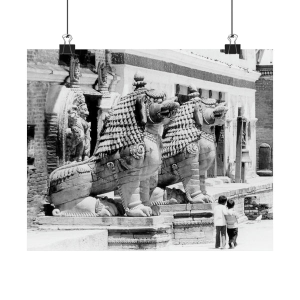 Giant Stone Lion Statues Watching Over Kids -Patan Nepal, Durbar Square - Premium Poster Print