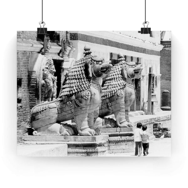 9 - Giant Stone Lion Statues Watching Over Kids -Patan Nepal, Durbar Square - Premium Poster Print