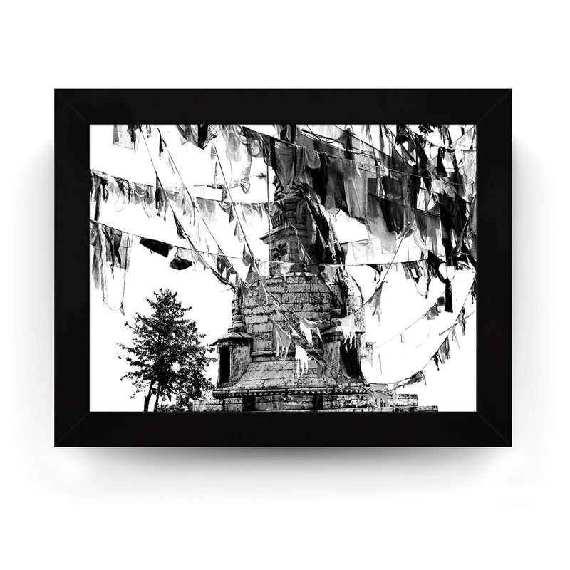 16 - Prayer Flags Flying With Small Stone Temple - Framed Photo Print