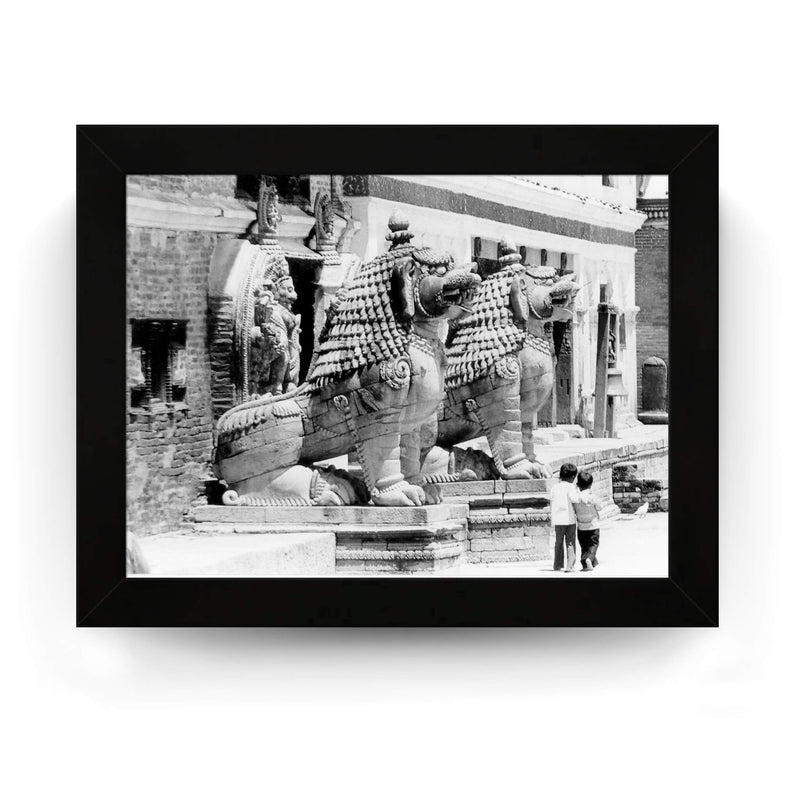 9 - Giant Stone Lion Statues Watching Over Kids -Patan Nepal, Durbar Square - Framed Photo Print