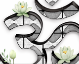 White Lotus M'Om Accent Mug – Om Symbol with Hand-Drawn Lotus Flowers and Custom Abstract Himalayan Pattern Designs