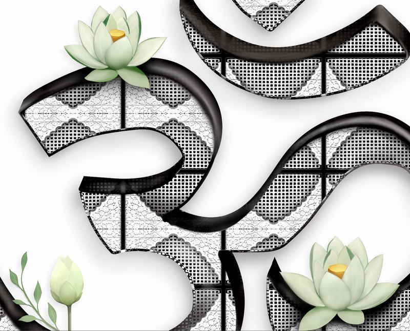 White Lotus M'Om Accent Mug – Om Symbol with Hand-Drawn Lotus Flowers and Custom Abstract Himalayan Pattern Designs